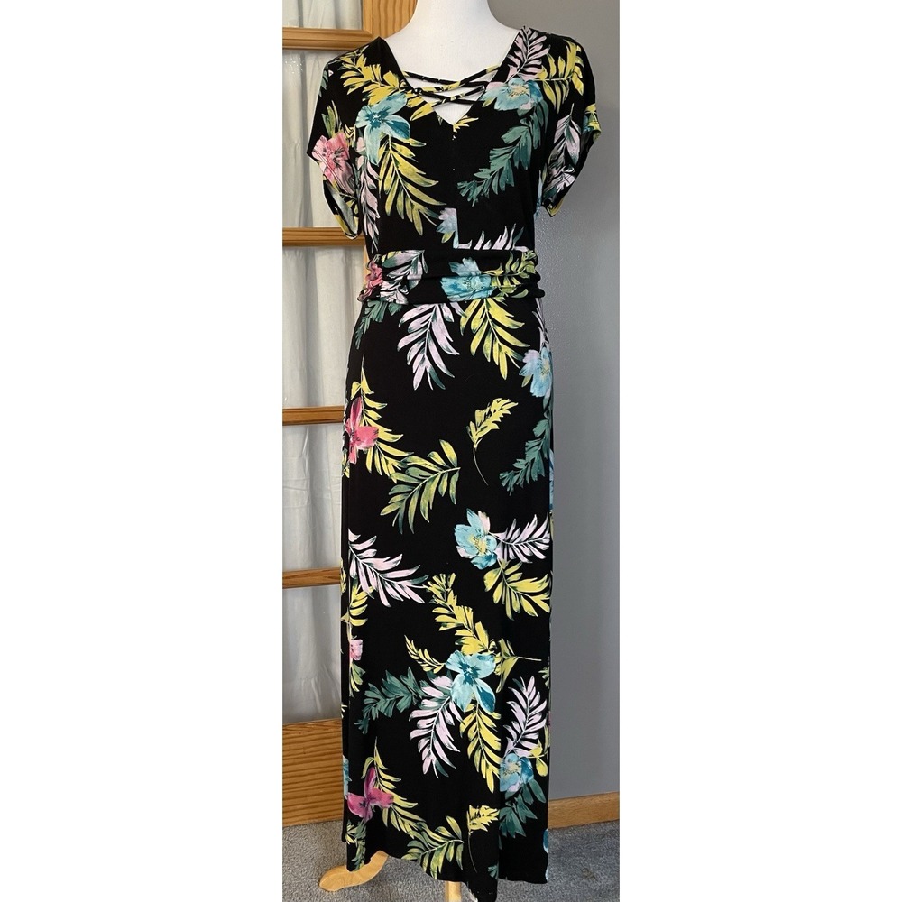 Westport Floral Midi Dress Woman's 1X Black Yellow Ruched Slit Straps Beach Boho